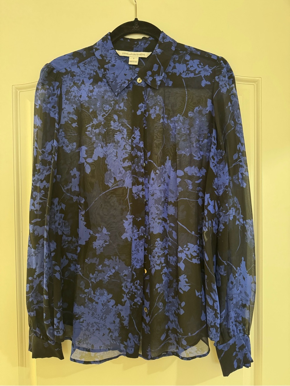 Diane Von Furstenberg Black Sheer Blouse with Royal Blue Floral Print